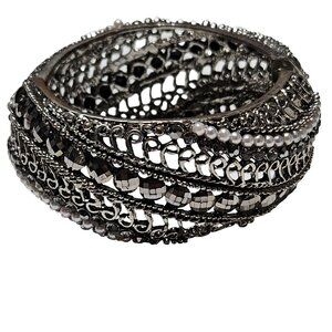 Vintage Elegant Silver Tone Hinged Bangle Bracelet Faux Pearl Rhinestones Women